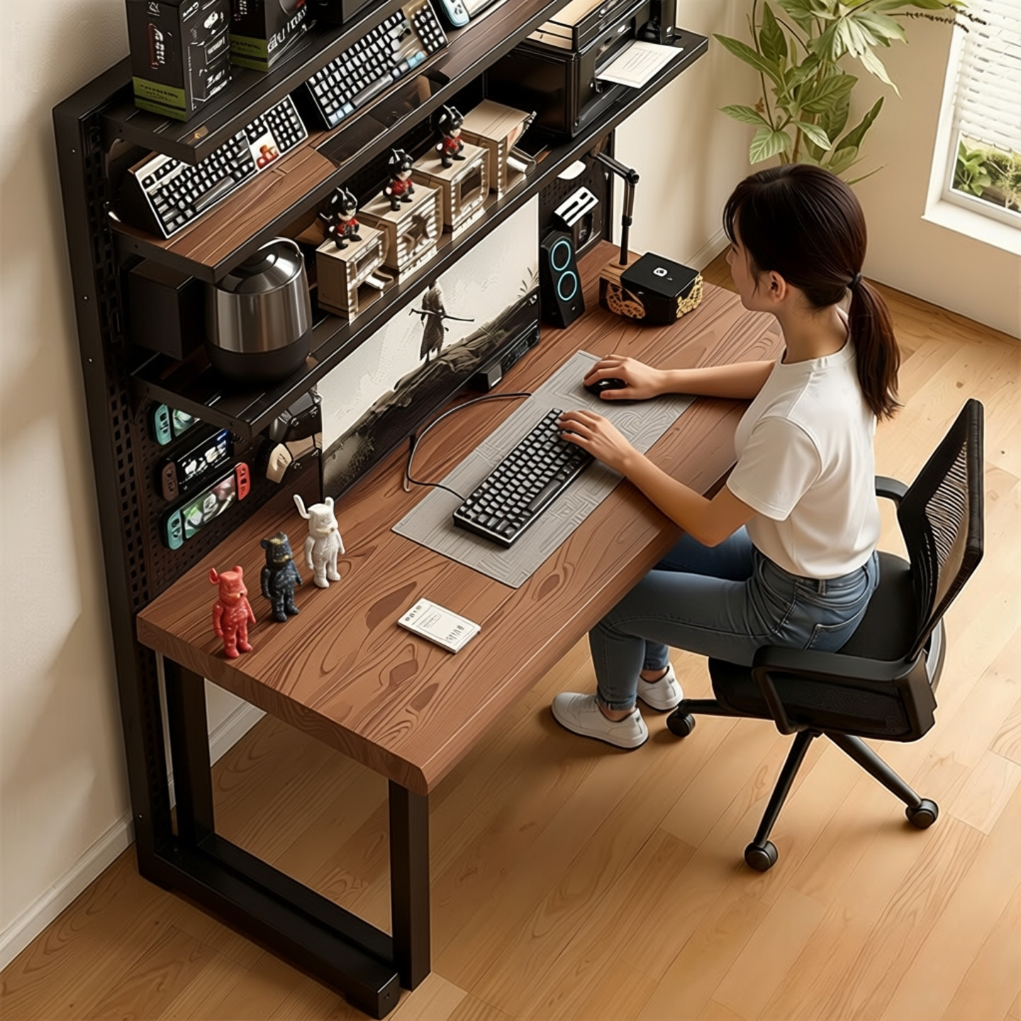 实木书桌书架一体电脑桌家办公桌