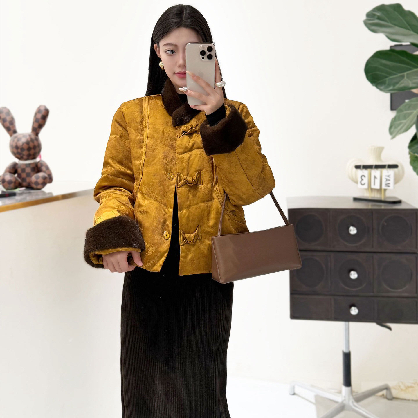 新中式国风盘圆领羽绒棉服女25冬季环保狐狸毛毛袖保暖外套