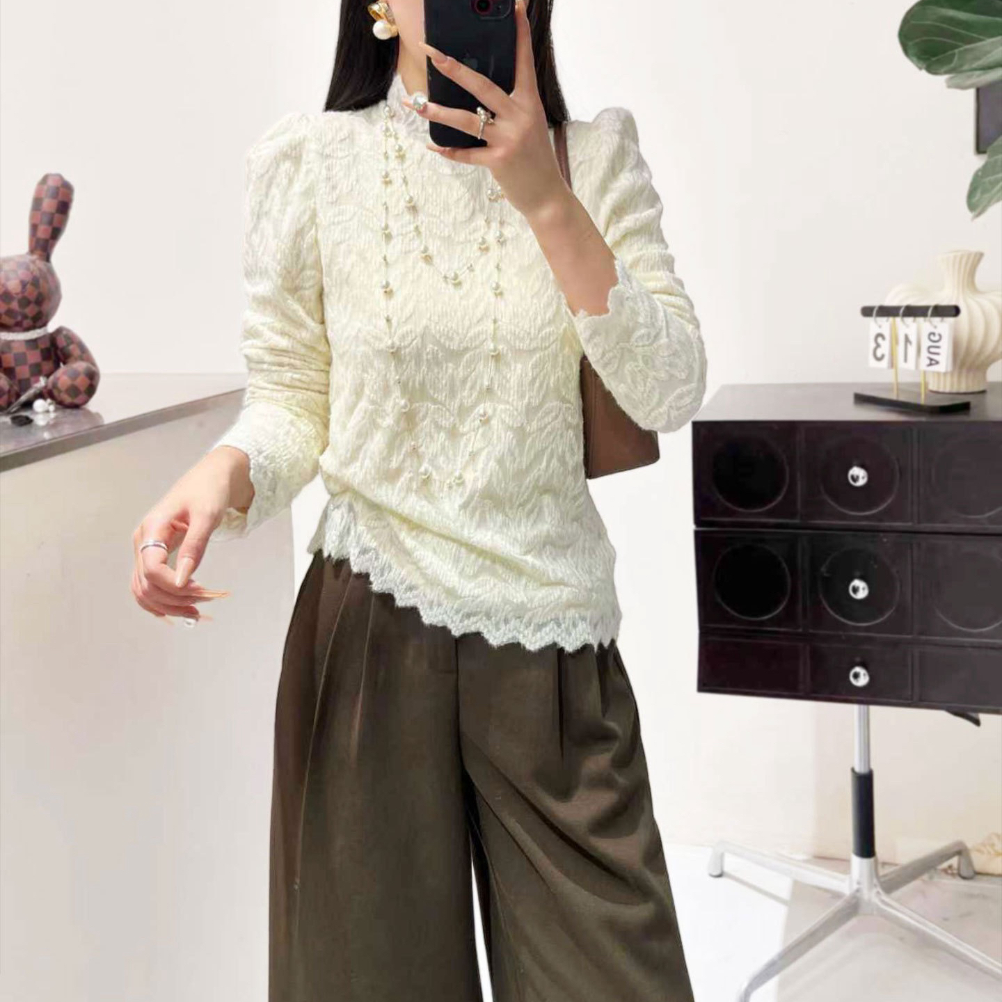 高领蕾丝打底衫女25新秋冬季高级感皮草内搭加绒磨毛网纱衣