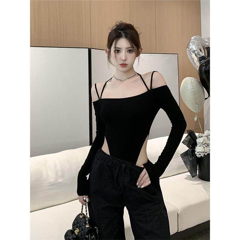 纯欲性感辣妹挂脖露肩不规则长袖T恤黑色一字肩连档连体衣上衣女,女装/女士精品,T恤,淘宝优惠券,粉丝福利购,淘宝优惠卷
