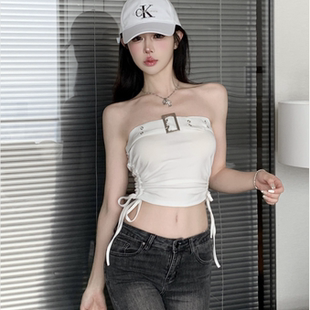 辣妹挂脖吊带小背心女夏季 抹胸上衣外穿 纯欲性感黑色内搭露背短款