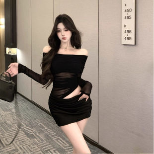 不规则网纱连衣裙女夏季纯欲性感露腰包臀裙一字肩绝美名媛小裙子