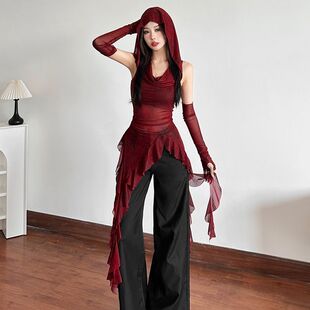 美式辣妹沙丘废土风连帽连衣裙女春秋小众女团风修身显瘦中长裙子