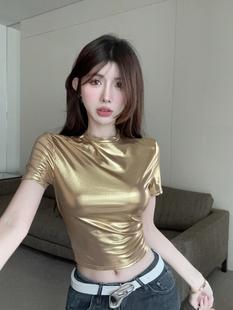 金属亮面半高领pu皮短袖 小上衣 t恤女设计感小众夏热辣妹性感短款