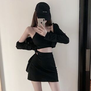 春装港味性感链条小吊带+短款开衫+高腰显瘦包臀半身裙三件套装女