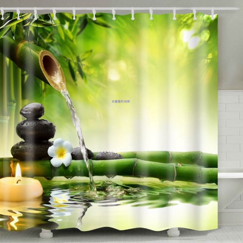 竹子加厚出口品质数码印花防水田园风帘子淋浴浴帘挂帘浴室隔断帘