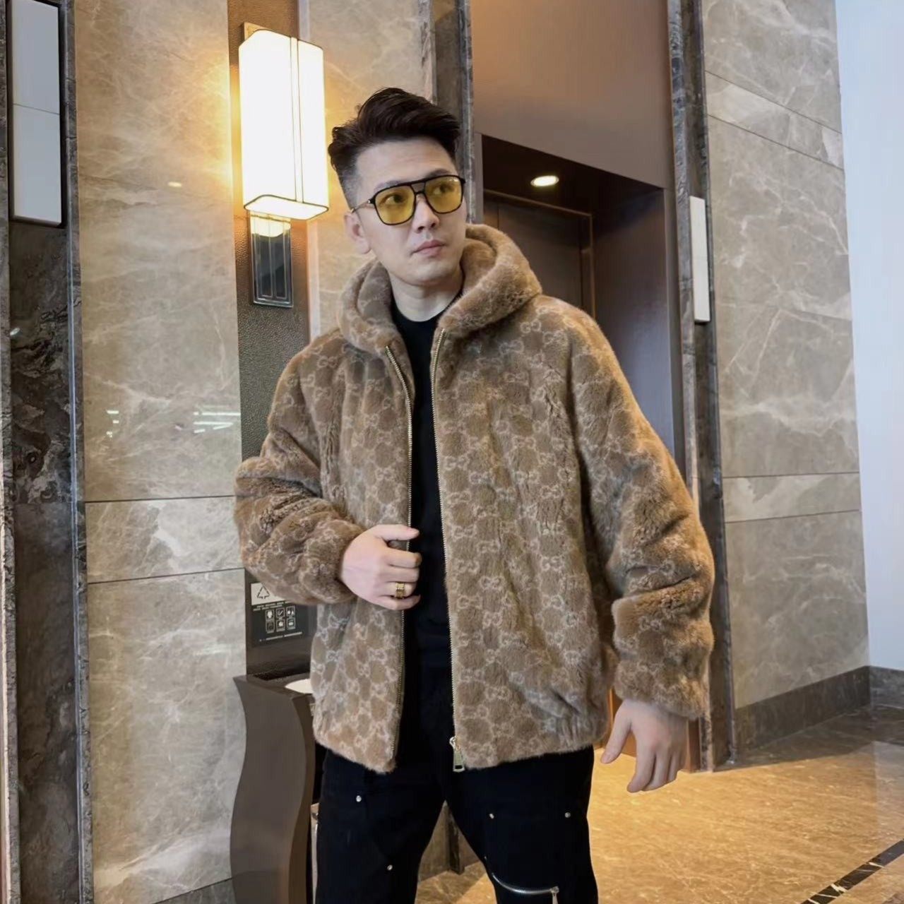 进口水貂时尚男装青年百搭个性连帽外套冬季保暖