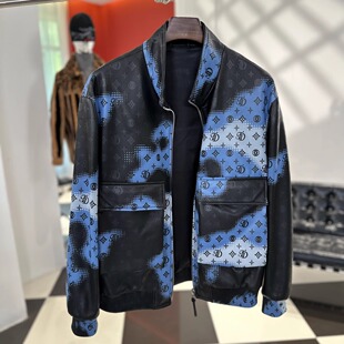 小众设计 南兮 NANXI 休闲百 黑蓝撞色皮夹克潮流印花立领时尚