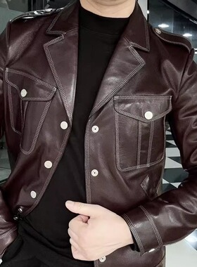 【南兮】NANXI小众设计SLP风春秋款真皮皮衣男翻领修身帅气工装