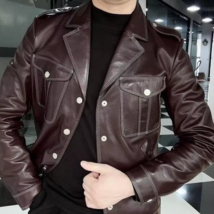 【南兮】NANXI小众设计SLP风春秋款真皮皮衣男翻领修身帅气工装