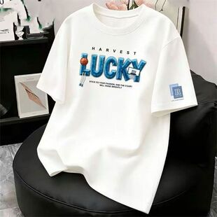 新款重磅高品质纯棉男生初中生帅气痞帅圆领宽松加大码半袖体恤衫