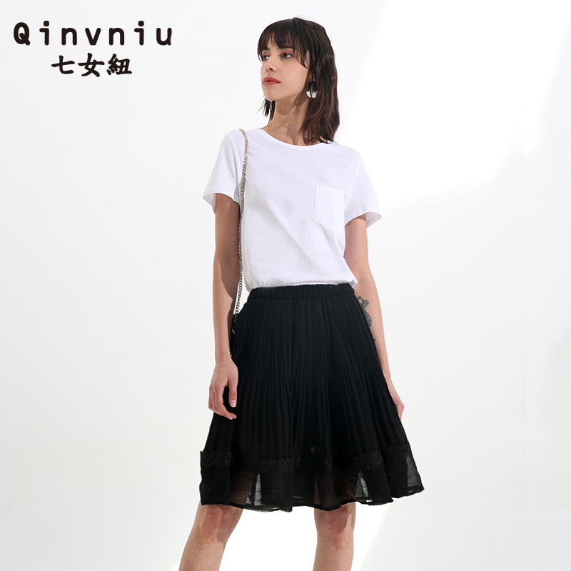 Womens chiffon skirt, half length skirt, gauze mesh, black elastic high waist, pleats, thin, street splicing, perspective in summer