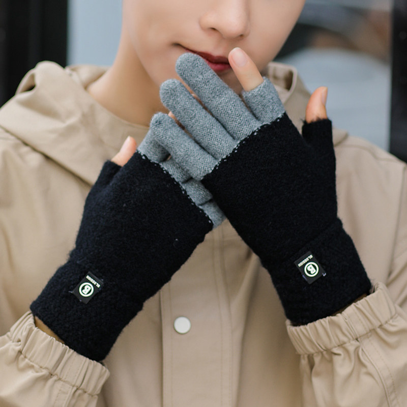 男士秋冬季露两指毛线手套中学生写字加绒加厚触屏分指针织手套潮