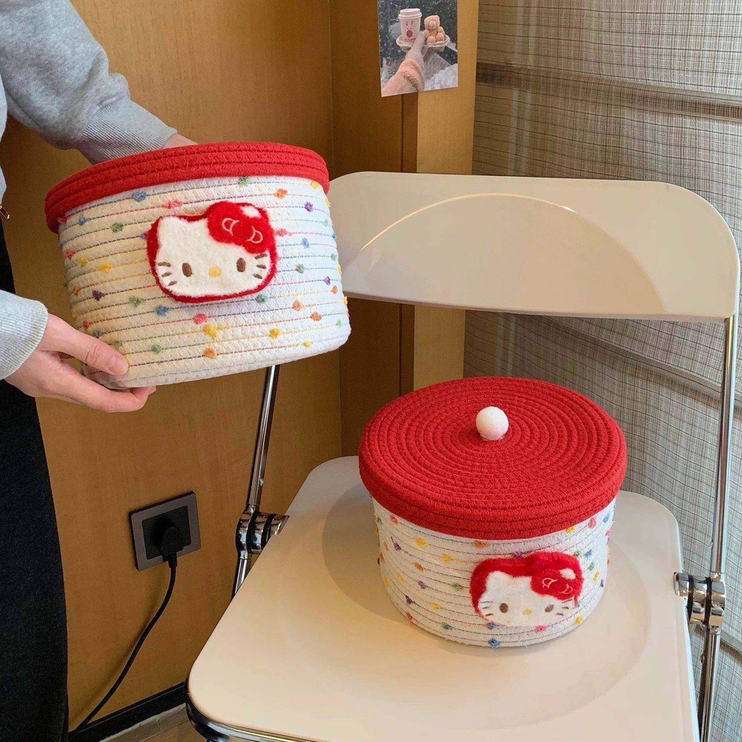 可爱kt棉线编织收纳筐卧室儿童房玩具桌面小杂物收纳篮零食筐带盖,收纳整理,毛绒玩具收纳桶/箱,淘宝优惠券,粉丝福利购,淘宝优惠卷