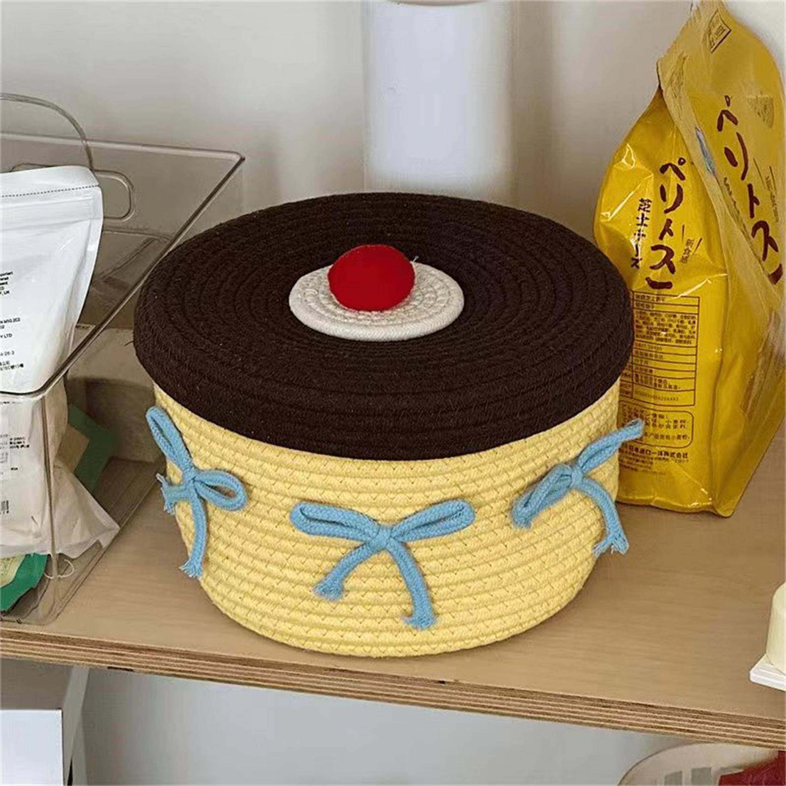 可爱布丁棉线编织收纳筐家用卧室带盖防尘桌面收纳篮摆件收纳盒,收纳整理,毛绒玩具收纳桶/箱,淘宝优惠券,粉丝福利购,淘宝优惠卷