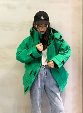 绿色冲锋衣工装中长款加厚羽绒服