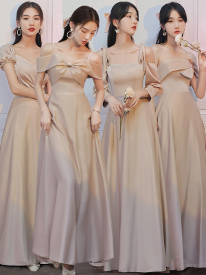 出租缎面伴娘服仙气质2025新款秋冬大码婚礼姐妹团合唱晚礼服裙女