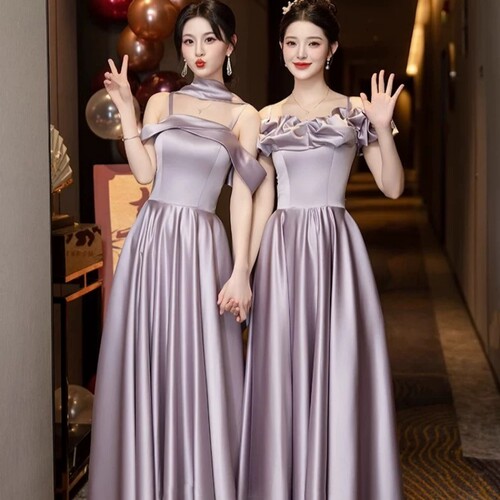 2026紫色缎面轻奢伴娘礼服租赁