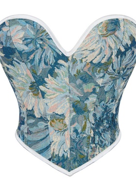 新款蓝色印花女士抹胸托胸鱼骨背心V领绑带腰围带宫廷风塑身上衣