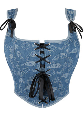 新款印花蓝色双肩带可调节女士抹胸聚拢托胸宫廷收腰外穿吊带上衣