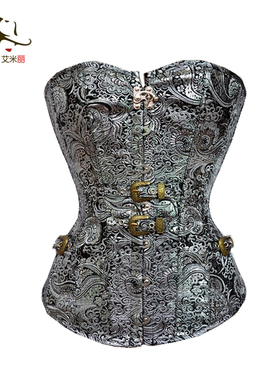 艾米丽宫廷哥特式束身衣 印花钢扣银色束腰美体宫廷塑身衣 corset