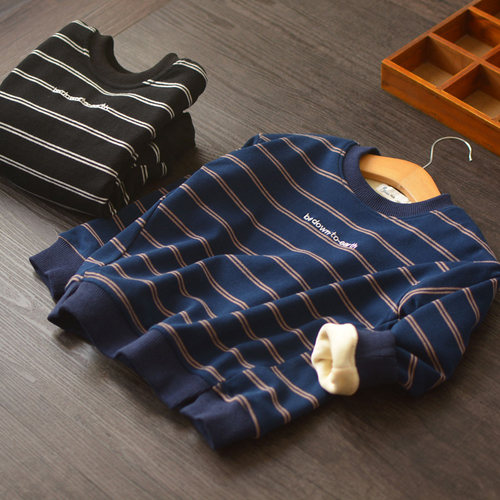 冬季儿童装圆领条纹加绒保暖卫衣