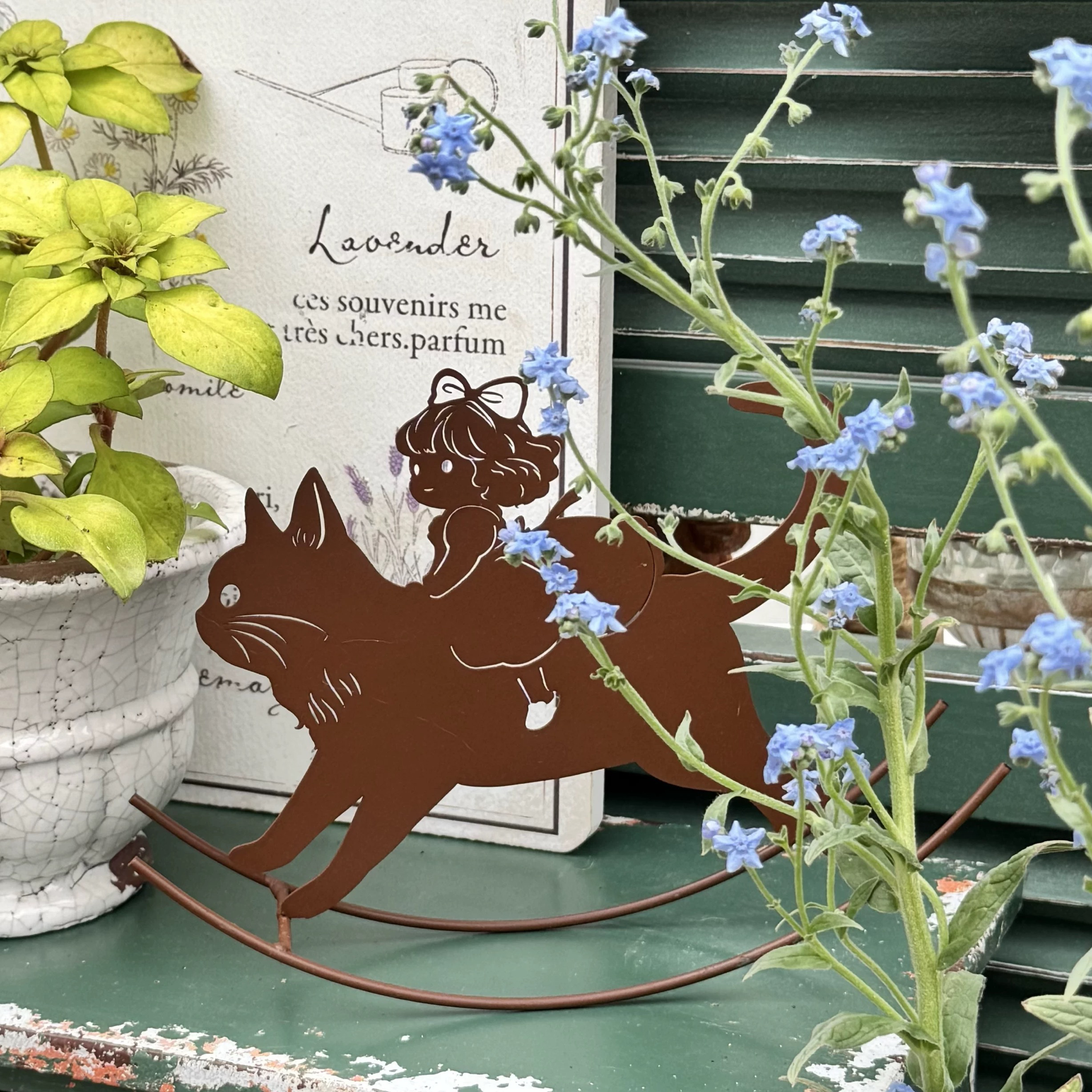 铁艺复古骑着猫咪女孩摇摇马摆件花园杂货日系