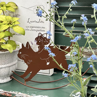 铁艺复古骑着猫咪女孩摇摇马摆件花园杂货日系