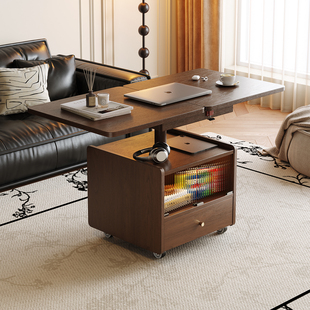 实木覆古风可移动茶几升降小户型客厅家用沙发边柜小推车折叠餐桌