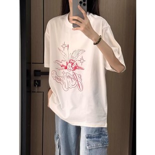 美式复古正肩短袖白t恤女夏季新款宽松慵懒风设计感chic韩系上衣