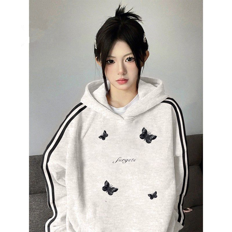 美式国潮牌三条杠连帽卫衣女秋冬加绒加厚宽松学院风拼接学生上衣