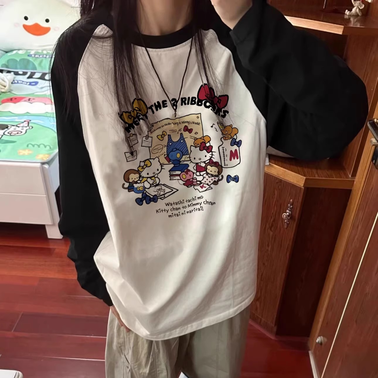 美式Kitty撞色插肩长袖纯棉t恤女