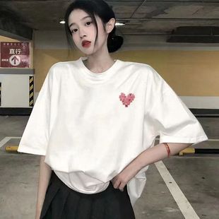 女韩版 夏季 上衣潮流纯棉爱心短袖 新款 宽松 ins风简约白t恤女生半袖