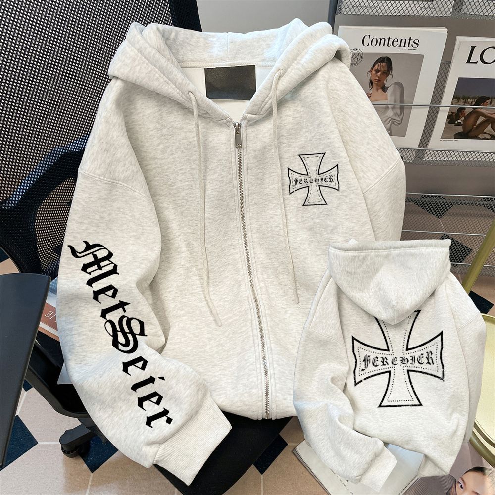 美式穿搭潮牌字母连帽卫衣开衫女