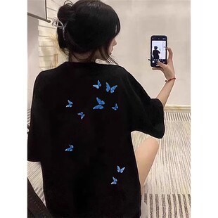 100%重磅纯棉美式 学生宽松设计感小众上衣 蝴蝶印花短袖 t恤女夏季