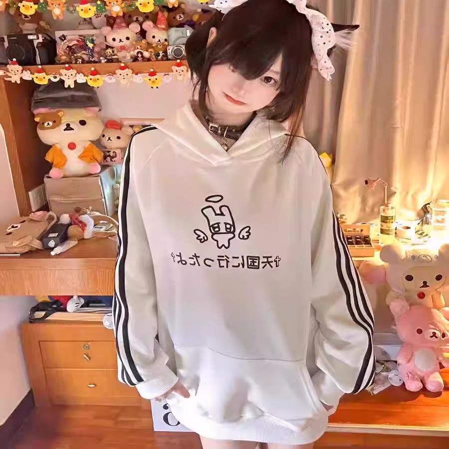 秋冬加绒宽松三杠连帽卫衣慵懒风