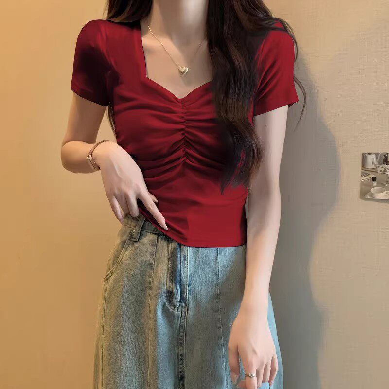 修身束腰显瘦t恤女短袖小众夏季新款短袖V领设计感小众上衣打底衫