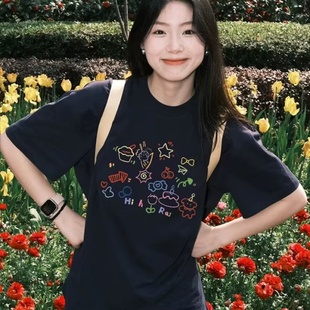 宽松ins潮设计感小众上衣 美式 复古纯棉正肩短袖 T恤女2025夏季 新款