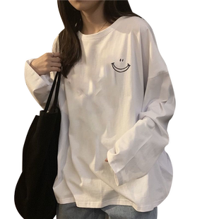 白色t恤女长袖打底衫春秋洋气宽松内搭学生常规款超火上衣服ins潮