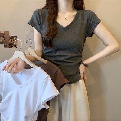 纯棉V领正肩短袖t恤女夏季褶皱潮