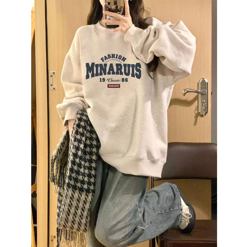 100%纯棉学院风圆领卫衣女秋冬宽松oversize慵懒风加绒加厚外套潮