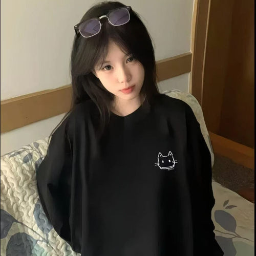 纯棉2026高街小猫长袖T恤女