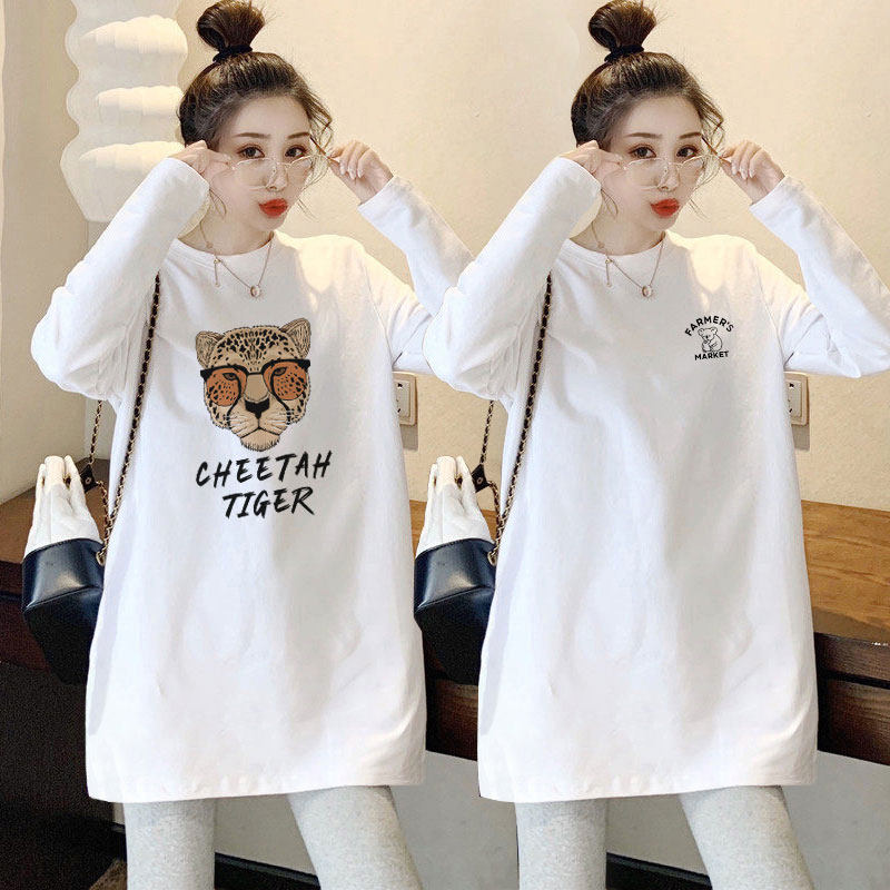 2025新款磨毛白色长袖T恤女中长款韩版宽松大码上衣内搭打底衫潮