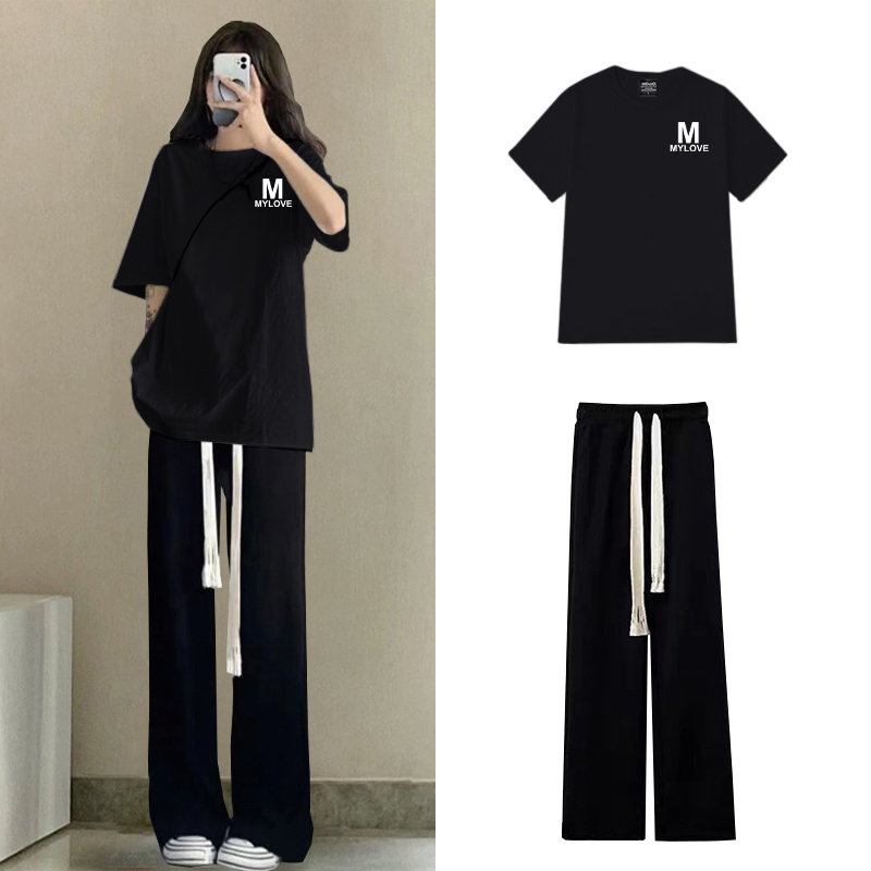 原宿风休闲套装女夏新款大码胖MM宽松阔腿裤短袖T恤运动服两件套