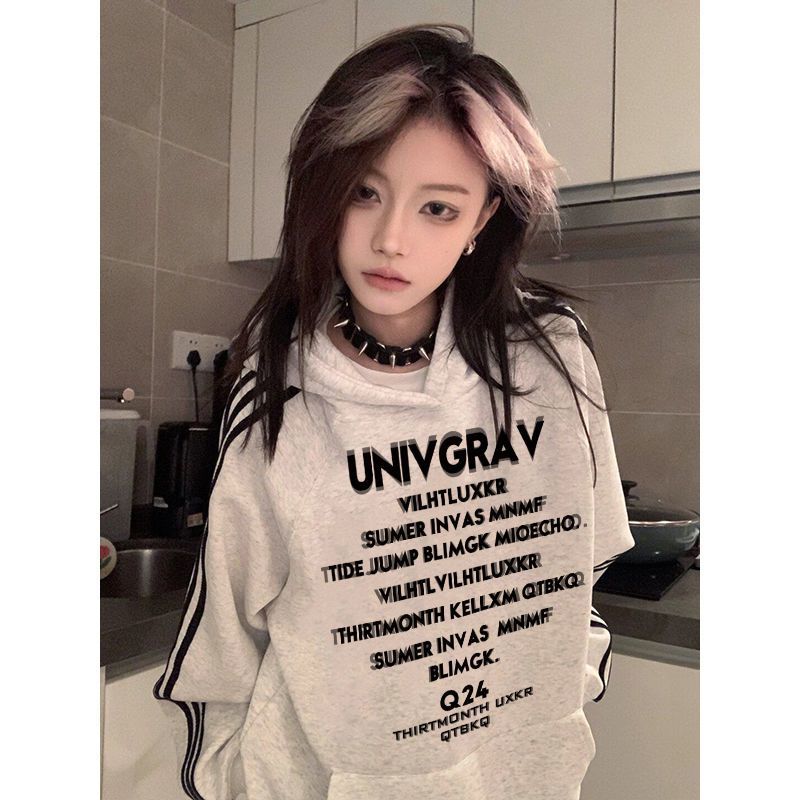 美式复古三条杠连帽卫衣女冬加绒