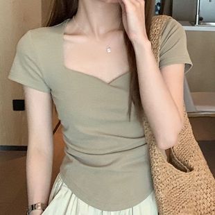 T恤女修身 100%纯棉性感纯欲风方领漏锁骨正肩短袖 显瘦设计感上衣