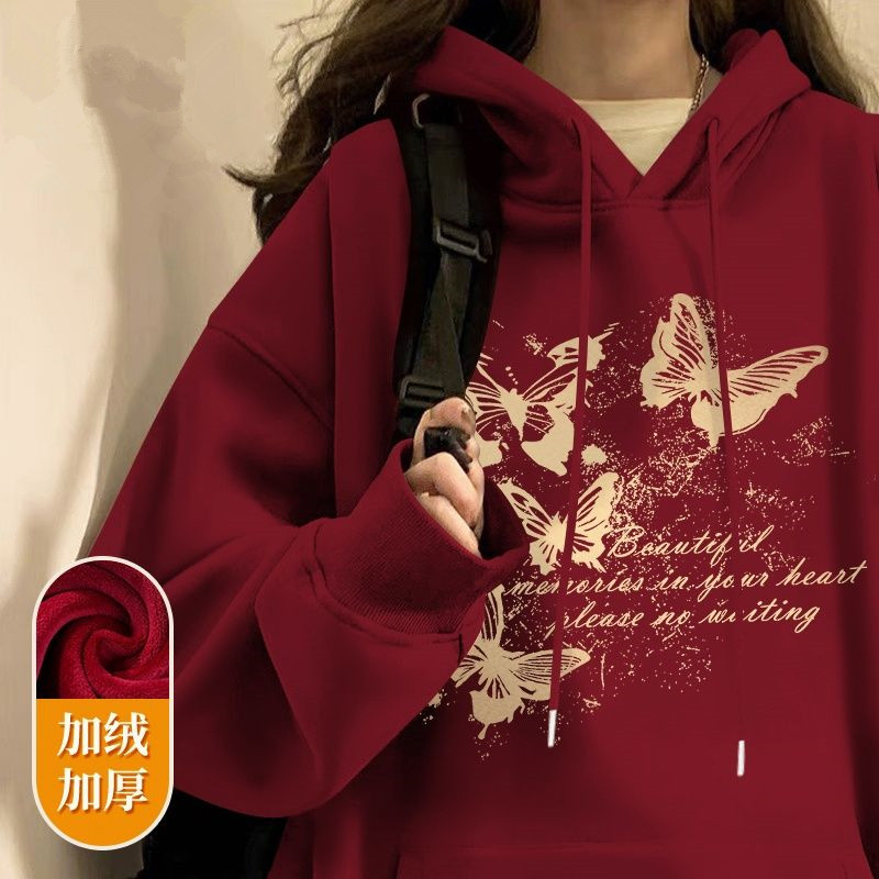 美式复古连帽卫衣女秋冬2025新款学生宽松慵懒风加绒加厚重磅外套