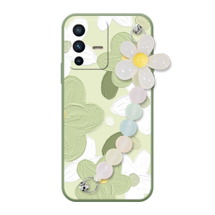 绿白花朵适用于vivos12手机壳s12pro创意s16新款s16pro手链s15e油画花朵pro硅胶s10镜头s9全包s7保护壳