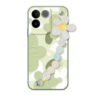 绿白花朵适用于vivos17e手机壳s17pro清新油画S17新款s16高级感女s16pro液态硅胶s15手链超薄全包防摔软壳