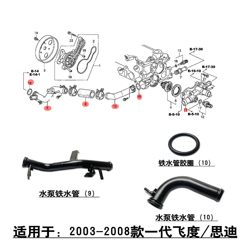 适用1代两厢飞度思迪理念s1发动机节温器水泵铁水管软管密封胶圈